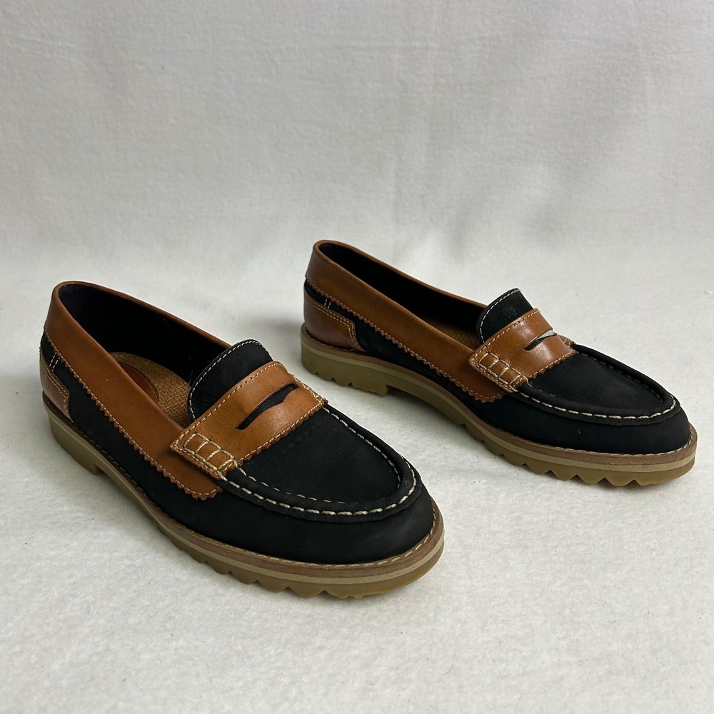 Dark Academia Sporto Womens 9M Blk Tan Leather Penny Loafer Serrated Sole Brazil